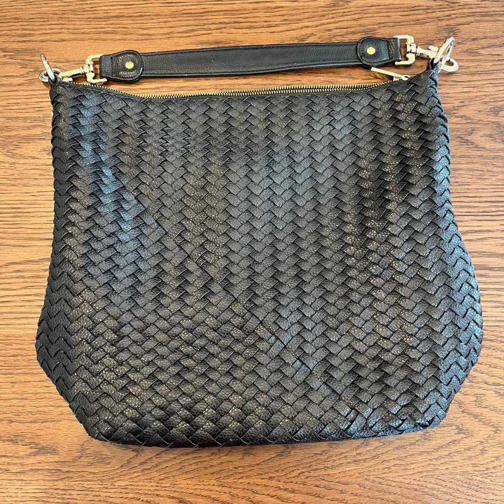 Deux Lux Black Woven Leather Shoulder Bag